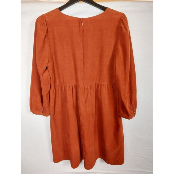 Madewell Corduroy Puff-Sleeve Mini Dress Burnt Orange Pockets  Sz L - Picture 4 of 14